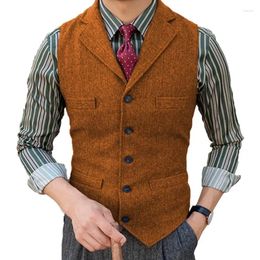 Men's Vests 2024 Men Vest Burgundy Herringbone Tweed Tailored Collar Double-Breasted Coffee Business Waistcoat For ClothingA