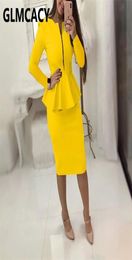 Women Two Piece OL Dress Suits Long Sleeve Peplum Top Midi Skirt Set 2107302156325