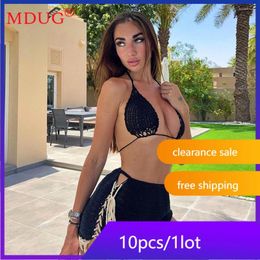 Work Dresses 10sets Summer Clearance Sale Knitted Dress Sets Sexy Beach Halter Bra Skirts Outfits Y2k Ladies Streetwear Vestidos M11837