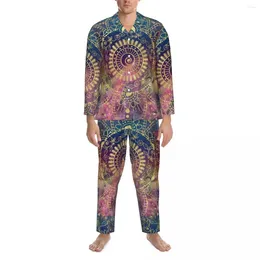 Men's Sleepwear Retro Floral Print Spring Gold Mandala Aesthetic Oversized Pajama Sets Mens Long Sleeves Leisure Design Home Suit