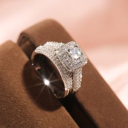 Full Diamond Micro-Inlaid Couple Princess Square Diamond Ring Set European and American Fashion Luxury Engagement Ring for Women