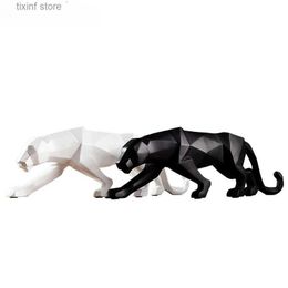 Decorative Objects Figurines Panther Statue Animal Figurine Abstract Geometric Style Resin Leopard Sculpture Home Office Desktop Decoration Crafts T240309