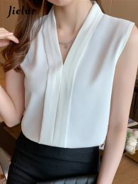 T-Shirt Jielur Chiffon Blouses Women Summer Sleeveless Tank Top Vneck White Shirt Female Elegant Solid Color Office Lady Chic Blouse