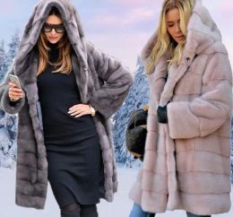 Fur VOLALO New Woman Fur 90cm Women Clothing Winter Artificial Economy Mink Fur Coat with A Hood Luxury Fake Fur Coats