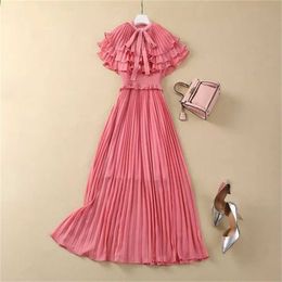 2024 Spring Summer Yarn Ruffle Womens Dress Crew-Neck Zipper Short-Sleeve Womans Casual Long Dresses AS023 NSXH