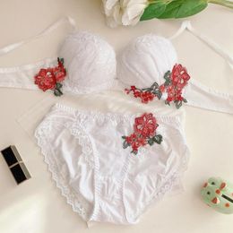 Bras Sets Gathered Large Steel Circle Sexy Lace Flower Bra Set Side Collection Small Bottom Circumference Underwear Cups Linger