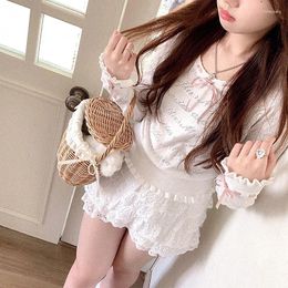 Women's T Shirts Cute Knitted Tops Tee Women Summer Hollow Out Ribbon O-Neck Long Sleeve Tshirt For Sweet Girls Kawaii Clothes