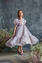 Organza Flower Girl Dresses Birthday Tea Length Wedding Party Dress Baeded Short Sleeve Bow Pageant Holy Communion 240306