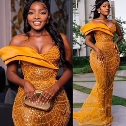 2024 Aso Ebi Illusion Gold Mermaid Prom Dress Lantejoulas Lace Noite Festa Formal Segunda Recepção 50º Aniversário Vestidos de Noivado Vestidos Robe De Soiree ZJ134