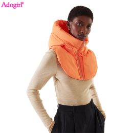 Parkas Adogirl Cotton Padded Hooded Mock Neck Vest Women Fashion Versatile Clothing Accessories Zipper Sleeveless Jackets Scarf