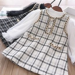 Girls Twopiece Onepiece Dress for Little Fragrance Western Style Plaid Spring and Autumn 240223