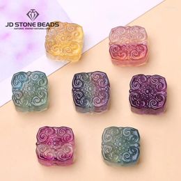 Loose Gemstones 10 Pcs/lot Natural Fluorite Stone Carved Wealth Square Shape Bead With Hole Colorfu Crystal For Jewellery Making Diy Accessory