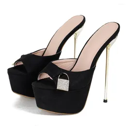 Dress Shoes Designer Black Mule Fashion Lock Head Decoration Nightclub Fish Mouth For Stiletto 16cm Summer Stripper Sandals