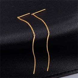 Simple Curved Water Ripple Tassel 14k Yellow Gold Earrings