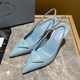 new fashion dress shoes prad high heels women summer triangle brushed leather sandals shoes for women slingback pumps luxury footwear women high heels party wedding