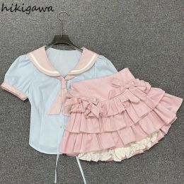 Suits Sweet Skirt Suit Japanses Two Piece Set Women Tunic Sailor Collar Shirt High Waist Ruffles Bow Skirts Outfits Summer Cute Sets