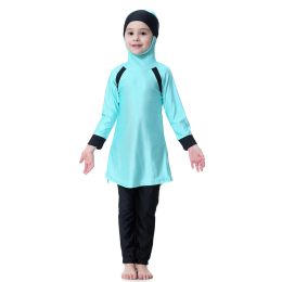 Capris Islamic Two Pieces Long Hooded Top and Pants Burkinis Muslim Women Girl Swimwear Bolero Ethnic Children Patchwork Swimming Wear