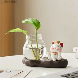 Decorative Objects Figurines Creative Home Decoration Lucky Cat Plant Pot Desk Accessories Lovely Living Room Table Ornaments Resin Crafts for Garden Decor T24030