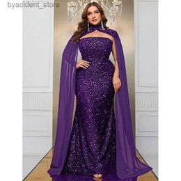 Urban Sexy Dresses Plus Size Luxurious Strapless Cape Wedding Shiny Long Evening Gown 5XL6XL Big Size Banquet Festive Sequin Prom Dress for Women L240309