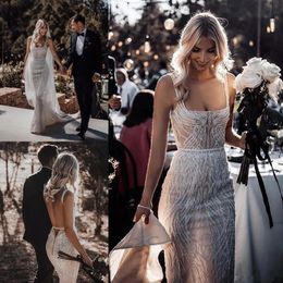 Berta Mermaid Wedding Dresses Square Neck Lace Sequins Beads Sexy Backless Beach Wedding Dress Sweep Train Bridal Gowns Boho Vestidos De Novia YD