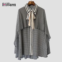 Shirts Women Vintage Plaid Print Bow Neck Cloak Shawl Mulberry Silk Blouses Elegant Ladies Black Shirt Female Tops Blouse