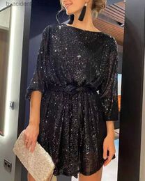 Urban Sexy Dresses Sparkly Puff Long Sleeve Party Dress with Belt for Women Glitter Beaded Mini Dress Loose Wedding Bridesmaid Ladies Short Dresses L240309