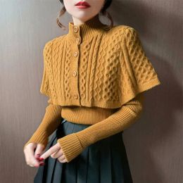 Sweaters Women Autumn Vintage Sweater Knitted Slim Turtleneck Solid Korean Single Breasted Cardigan Cloak Sweaters