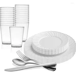 Disposable Dinnerware Elegant Plastic Set For 144 Guests - Fancy Flared White Dinner Plates Dessert Salad