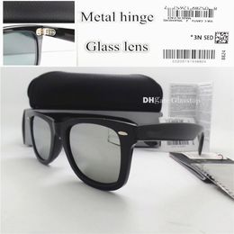 TOP Quality Glass Lens Metal Hinge Brand Designer Men Women Plank Frame Sunglasses UV400 52MM Vintage Shade Mercury Mirror Leather257Y