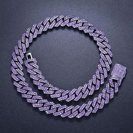 15mm Iced Cuban Link Prong Chain 2 Row Purple CZ Diamond Cubic Zirconia Hiphop Jewellery 16inch-24inch Choker Necklace220n
