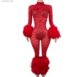 Urban Sexy Dresses Glisten Crystal Red Jumpsuit Sexy Hairy Rhinestones Dress Women Outfit Nightclub Singer Come Stage Dance DS Clothing Guibin L240309