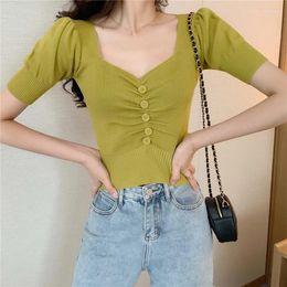 Women's T Shirts Summer Chic Puff Sleeve Cropped Tops Ladies Sexy T-shirts Women Vintage V-Neck Single Breasted Slim Tshirt Streetwear