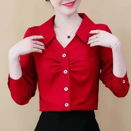 Women's Blouses Fashion Office Lady Long Sleeve Button Shirt Elegant Basic Turn-down Collar Folds Solid Colour Blouse Clothing D139