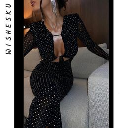 Sexy Cut Out Mesh Long Sleeve Bodycon Maxi Dress Women Glitter Lace Up Party Vestido Spring Fall Elegant Birthday Clothes 240305