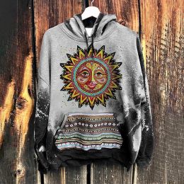 T-Shirt Sun Print Hoodie Women Sweatshirts Aesthetic Ethnic Casual Long Sleeve Pullover Hooded Tops Hippies Streetwear Female Jumper Top