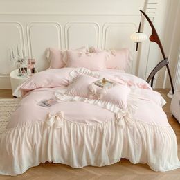 Korean Style Chiffon Lace Bedding Set Pink France Romantic Princess Wedding Bedclothes Ruffles Bow Soft Duvet Cover Bed Sheet Pill260c