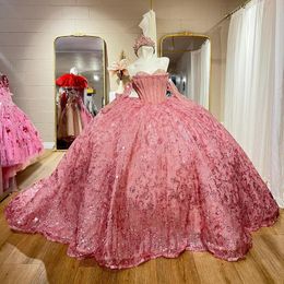 Sparkly Pink Quinceanera Dress Ball Gown Applique Lace Beading Tull Mexico Corset Sweet 16 Vestidos De 15 Anos