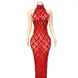 Stage Wear Sparkly Red Crystals Sequins Long Dress Women Evening Prom Christmas Party Sexy Mesh Transparent Show