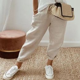 Capris New Women Cotton Linen Pants Summer Loose Trousers Female Vintage AnkleLength Wide Leg Trousers Fashion Office Ladies Bottom