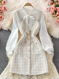 Women Two Piece Set Korean Fashion Bowtied Collar White Blouse and Spaghetti Strap Single Breasted Mini Tweed Dress Suits 240326