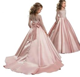 New Flower Girls Dresses Kids Lace Long Sleeves Stain Party Wedding Dress with Big Bow Formal Children Ball Gown5221493