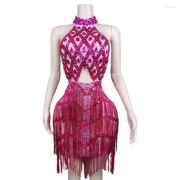 Stage Wear Bar Birthday Women Sexy Hollow Sequin Tassel Mini Dress Zipper Backless Halter Neck Fringe Dresses Party Gown Show Costume