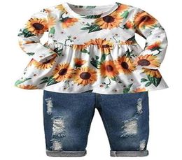 Conjunto de roupas para meninas 039, blusa floral com babados, calças jeans rasgadas, terno292I312f2919972
