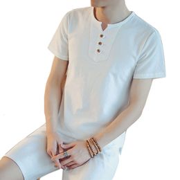 Linen Short Sleeved T-Shirt Set 2023 Men's Japanese Cotton And Linen Solid Color Casual Chinese Style Half Sleeved T-Shirt Large Trendy Men
