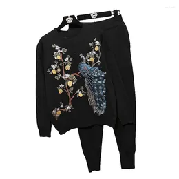 Women's Two Piece Pants Fashion Peacock Embroidery Knitted Tracksuits Women Black Outfits 2pc Loose Pullover Sweater Pencil Set Female