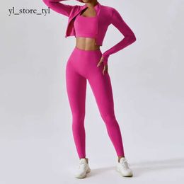 Lu Lu Yoga Tracksuit Gym Fitness Sports Set for Women Lu Lememm Wokrout Women Clothes Pants Long Sleeve Crop Top Cross Back Sports Bra 3 Piece 8074
