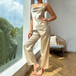 Women's Sleepwear Two-piece Suit Ice Silk Women Sleeveless Top Pants Pajama Sets Sexy Loungewear Thin Summer Chic Nightwear