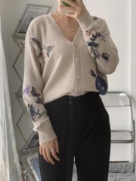 Women's Knits Cashmere Knit Cardigan Women Skull Flower Embroidery Front Short Back Long Design Coat Lady V-neck Single Breasted Sweater