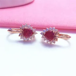 Dangle Earrings In 585 Purple Gold For Women Red Gem Heart Shaped Earings Plated 14K Rose Shining Sweet Banquet Jewellery