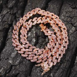 9mm Iced Out Women Choker Necklace Rose Gold Metal Cuban Link Full With Pink Cubic Zirconia Stones Chain Jewelry275B